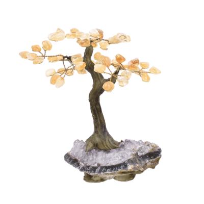Δεντράκι με γυαλισμένα φύλλα από φυσικές πέτρες κιτρίνη και βάση από ακατέργαστη φυσική πέτρα αμεθύστου, ύψους 18cm. Αγοράστε online shop.
