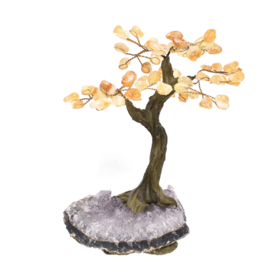 Δεντράκι με γυαλισμένα φύλλα από φυσικές πέτρες κιτρίνη και βάση από ακατέργαστη φυσική πέτρα αμεθύστου, ύψους 18cm. Αγοράστε online shop.