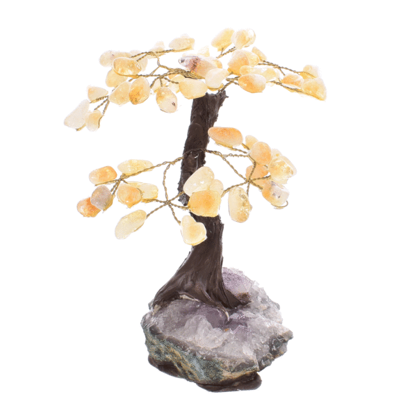Δεντράκι με γυαλισμένα φύλλα από φυσικές πέτρες κιτρίνη και βάση από ακατέργαστη φυσική πέτρα αμεθύστου, ύψους 16cm. Αγοράστε online shop.