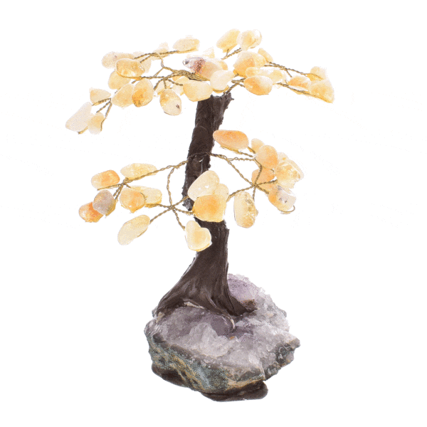 Tree with polished leaves made of natural citrine quartz gemstones and natural amethyst gemstone base. The tree has a height of 16cm. Buy online shop.