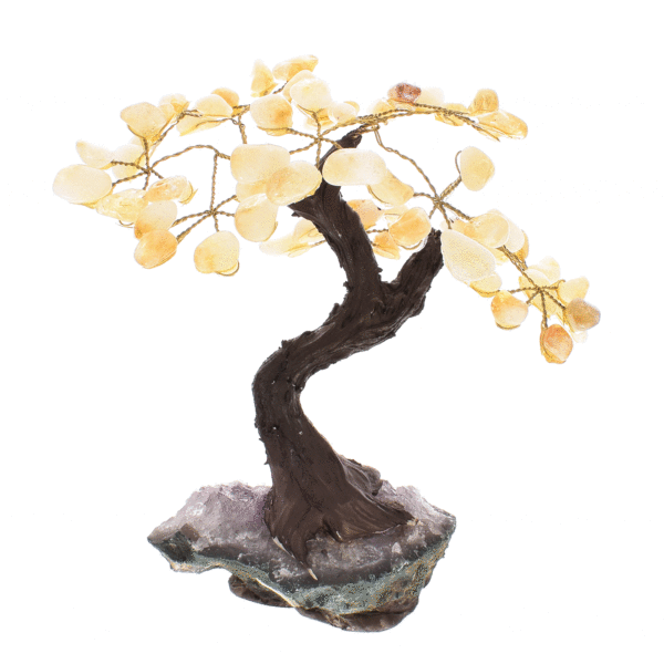 Tree with polished leaves made of natural citrine quartz gemstones and natural amethyst gemstone base. The tree has a height of 16cm. Buy online shop.