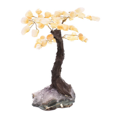 Tree with polished leaves made of natural citrine quartz gemstones and natural amethyst gemstone base. The tree has a height of 16cm. Buy online shop.α αμεθύστου, ύψους 16cm. Αγοράστε online shop.
