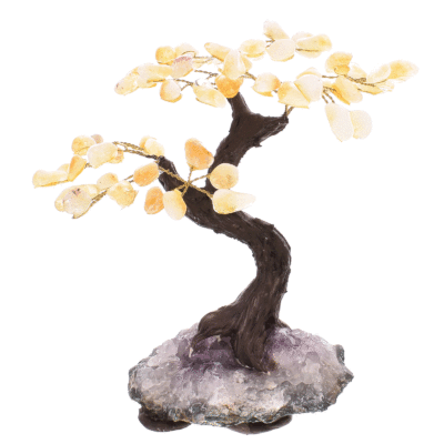 Tree with polished leaves made of natural citrine quartz gemstones and natural amethyst gemstone base. The tree has a height of 16cm. Buy online shop.
