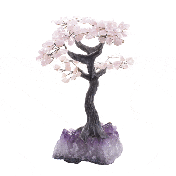 Handmade tree with polished leaves made of Rose Quartz and raw Amethyst base, with a height of 33cm. Buy online shop.