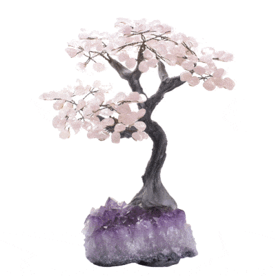 Handmade tree with polished leaves made of Rose Quartz and raw Amethyst base, with a height of 33cm. Buy online shop.