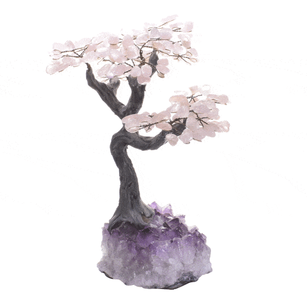 Handmade tree with polished leaves made of Rose Quartz and raw Amethyst base, with a height of 33cm. Buy online shop.