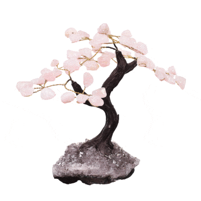 Handmade tree with leaves of natural baroque rose quartz gemstones and natural amethyst base. The tree has a height of 16.5cm. Buy online shop.