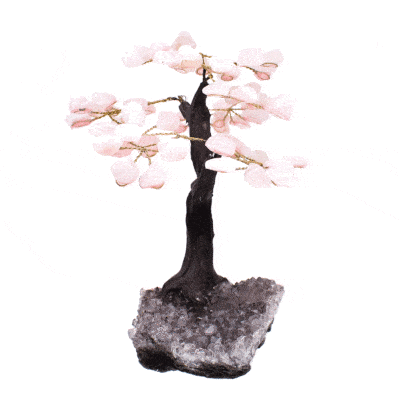Handmade tree with leaves of natural baroque rose quartz gemstones and natural amethyst base. The tree has a height of 16.5cm. Buy online shop.