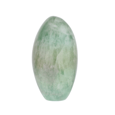 Polished piece of natural green Fluorite stone in oval shape, with cut base and height 8.5cm.