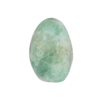 Polished piece of natural green Fluorite stone in oval shape, with cut base and height 8.5cm.