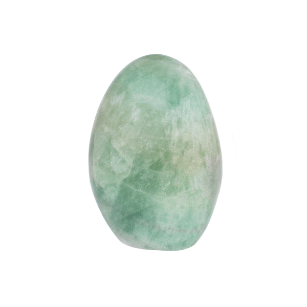 Polished piece of natural green Fluorite stone in oval shape, with cut base and height 8.5cm.