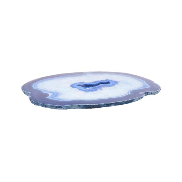 Polished 19cm slice of natural blue agate gemstone with crystal quartz. 