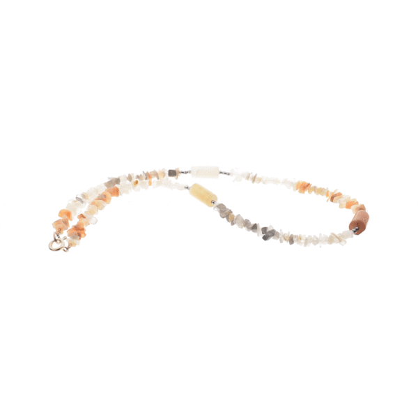 Handmade necklace made of natural, multi colored moonstone and hematite gemstones, in different shapes. The necklace has a sterling silver clasp.