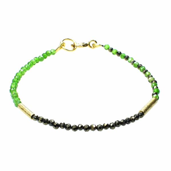 Handmade bracelet with natural, faceted diopside and pyrite stones in a spherical shape. The bracelet has decorative elements and clasp made of gold plated sterling silver. Buy online shop.