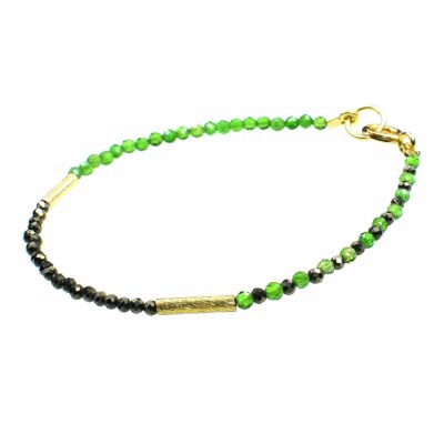 Handmade bracelet with natural, faceted diopside and pyrite stones in a spherical shape. The bracelet has decorative elements and clasp made of gold plated sterling silver. Buy online shop.