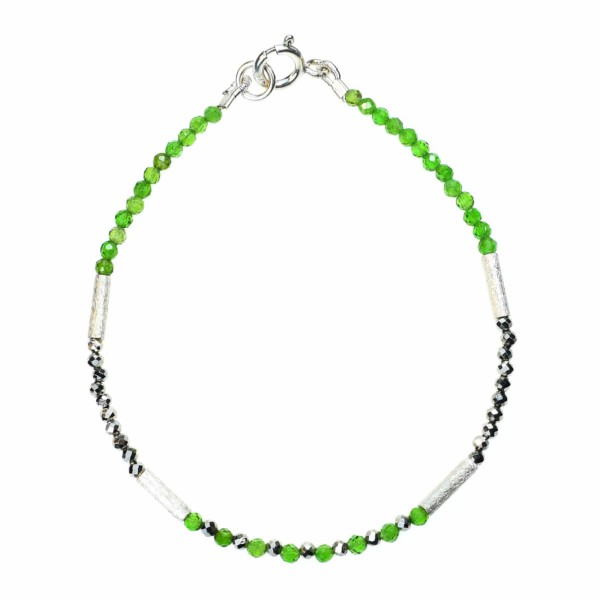 Handmade bracelet with natural, faceted diopside and pyrite stones in a spherical shape. The bracelet has decorative elements and clasp made of sterling silver. Buy online shop.