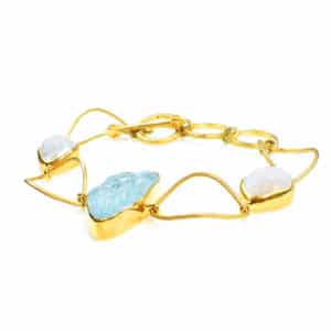 Handmade bracelet made of Aquamarine, Pearls and gold plated sterling silver. Buy online shop.
