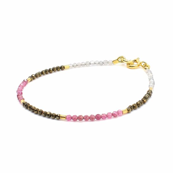 Handmade bracelet made of pink Tourmaline, Pyrite and Labradorite, decorated with elements made of gold plated sterling silver. Buy online shop.