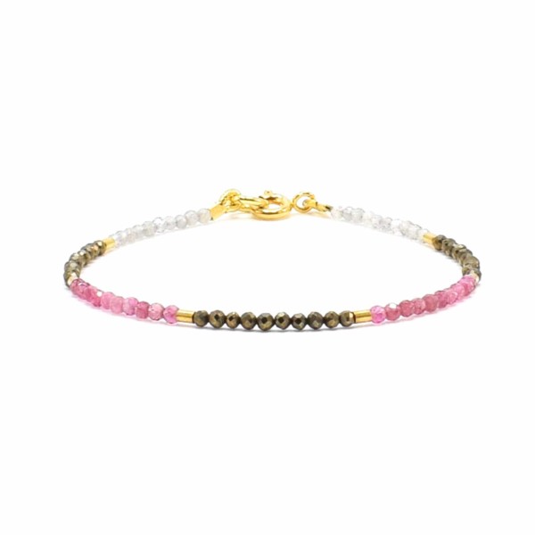 Handmade bracelet made of pink Tourmaline, Pyrite and Labradorite, decorated with elements made of gold plated sterling silver. Buy online shop.