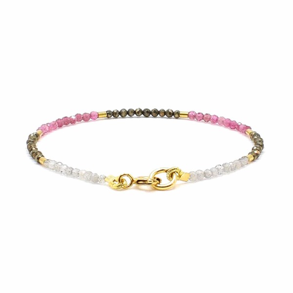 Handmade bracelet made of pink Tourmaline, Pyrite and Labradorite, decorated with elements made of gold plated sterling silver. Buy online shop.
