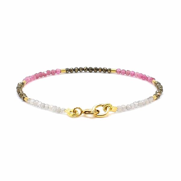 Handmade bracelet made of pink Tourmaline, Pyrite and Labradorite, decorated with elements made of gold plated sterling silver. Buy online shop.