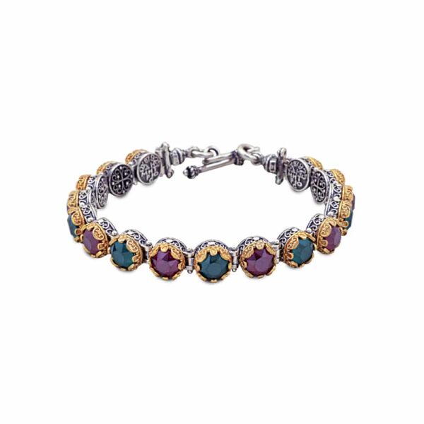 Handmade bracelet made of sterling silver with gold plated details and crystals. Buy Online shop.