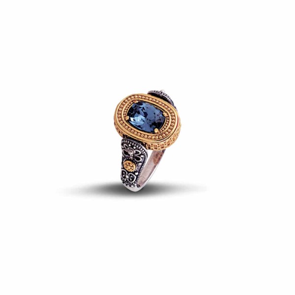 Handmade reversible ring made of sterling silver with goldplated details, blue crystal and pink Tourmaline. Buy online shop.