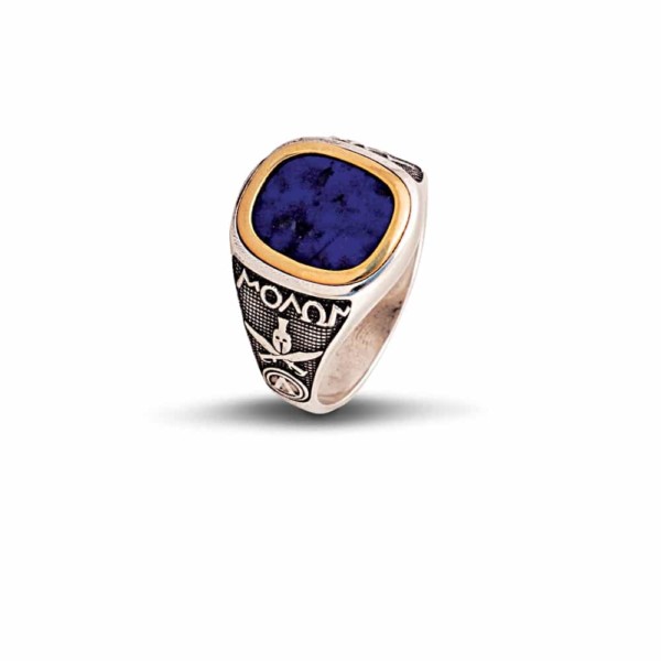 Handmade Spartan warrior ring made of sterling silver with gold plated details and Lapis Lazuli stone. Buy online shop.