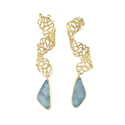 Handmade, long earrings made of gold plated sterling silver and raw Aquamarine gemstone. Buy online shop.