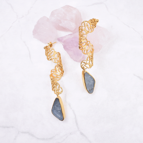 Handmade, long earrings made of gold plated sterling silver and natural aquamarine gemstone in a rough form.