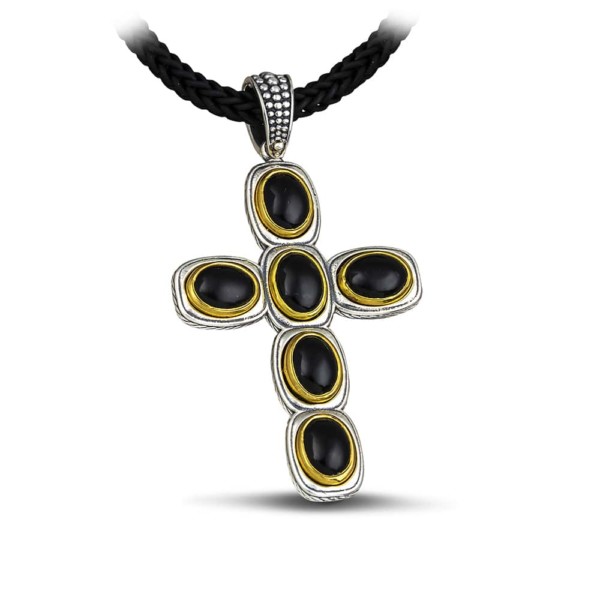 Handmade cross made of sterling silver with gold plated details and black onyx stones, in oval shape. Buy online shop.