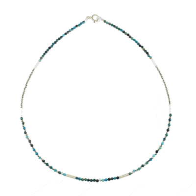 Handmade necklace with Chrysocolla and Pyrite gemstones, decorated with elements made of sterling silver. Buy online shop.