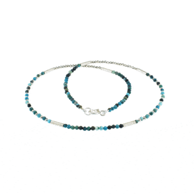 Handmade necklace with Chrysocolla and Pyrite gemstones, decorated with elements made of sterling silver. Buy online shop.