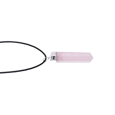 Pendant made of hypoallergenic silver plated metal and natural rose quartz gemstone, threaded on a black leather with sterling silver clasp. Buy online shop.