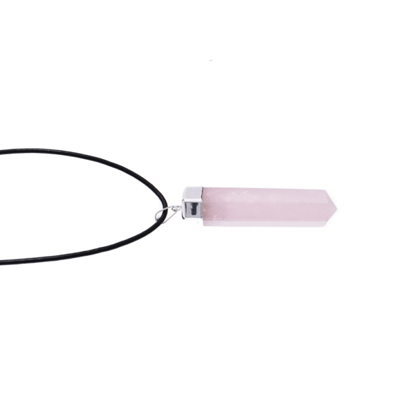 Pendant made of hypoallergenic silver plated metal and natural rose quartz gemstone, threaded on a black leather with sterling silver clasp. Buy online shop.