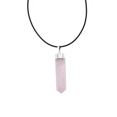 Pendant made of hypoallergenic silver plated metal and natural rose quartz gemstone, threaded on a black leather with sterling silver clasp. Buy online shop.