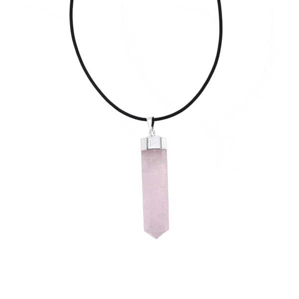 Pendant made of hypoallergenic silver plated metal and natural rose quartz gemstone, threaded on a black leather with sterling silver clasp. Buy online shop.