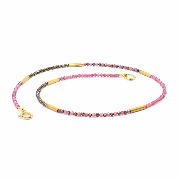 Handmade, short necklace made of pink Tourmaline and Pyrite, decorated with elements made of gold plated sterling silver. Buy online shop.