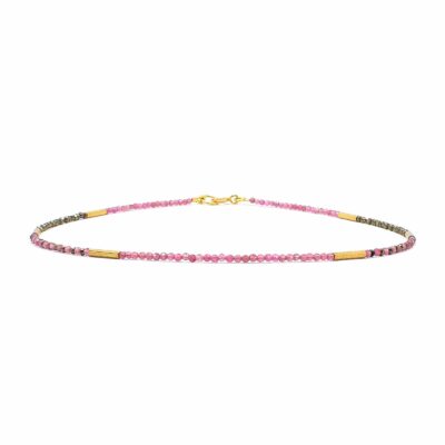 Handmade, short necklace made of pink Tourmaline and Pyrite, decorated with elements made of gold plated sterling silver. Buy online shop.