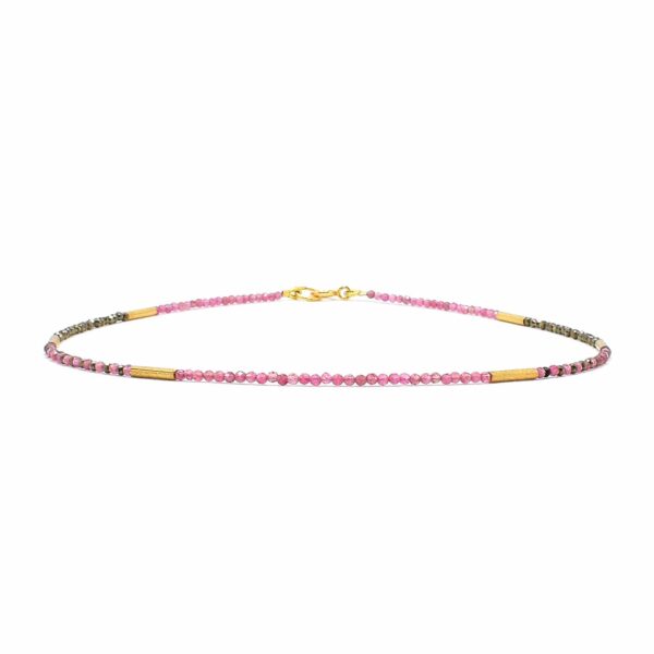 Handmade, short necklace made of pink Tourmaline and Pyrite, decorated with elements made of gold plated sterling silver. Buy online shop.