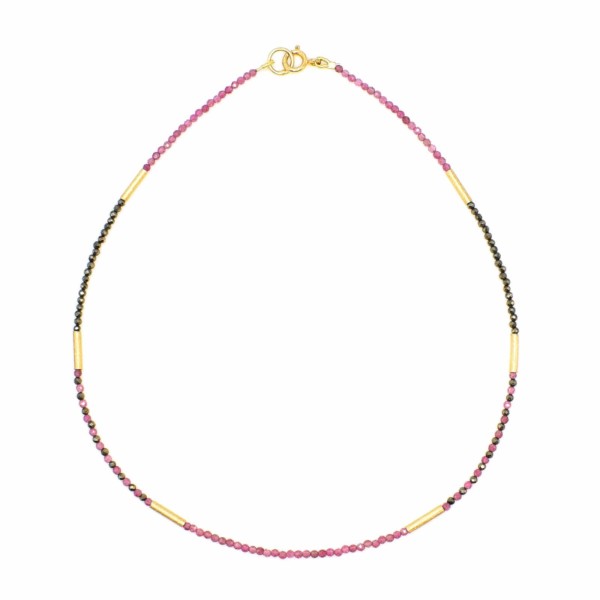 Handmade, short necklace made of pink Tourmaline and Pyrite, decorated with elements made of gold plated sterling silver. Buy online shop.