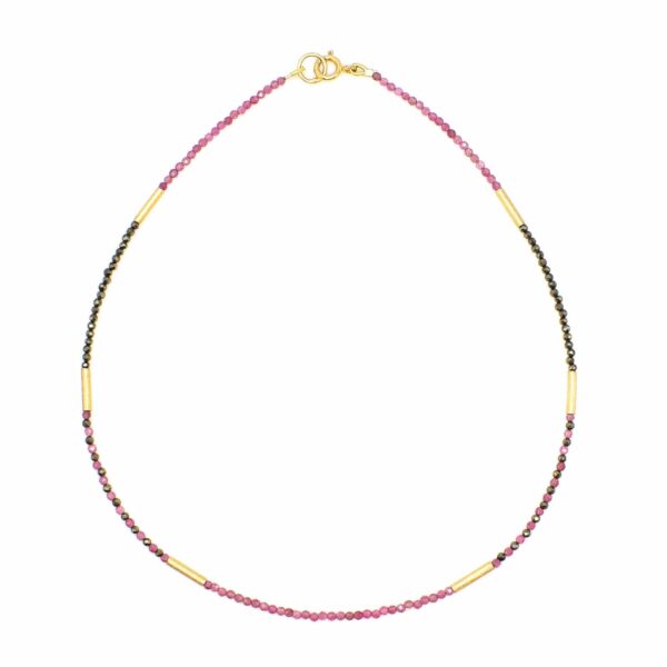 Handmade, short necklace made of pink Tourmaline and Pyrite, decorated with elements made of gold plated sterling silver. Buy online shop.