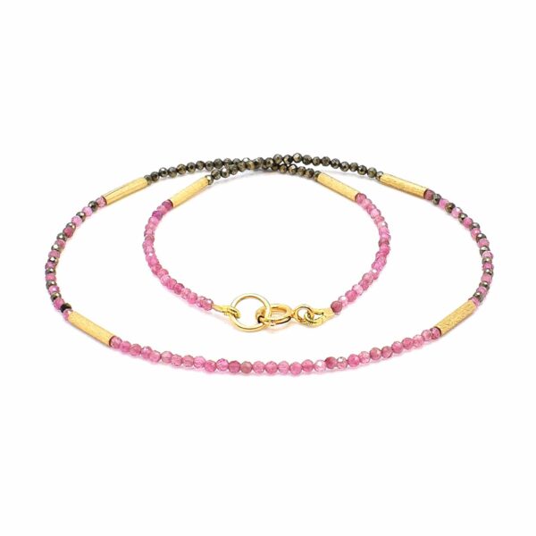 Handmade, short necklace made of pink Tourmaline and Pyrite, decorated with elements made of gold plated sterling silver. Buy online shop.