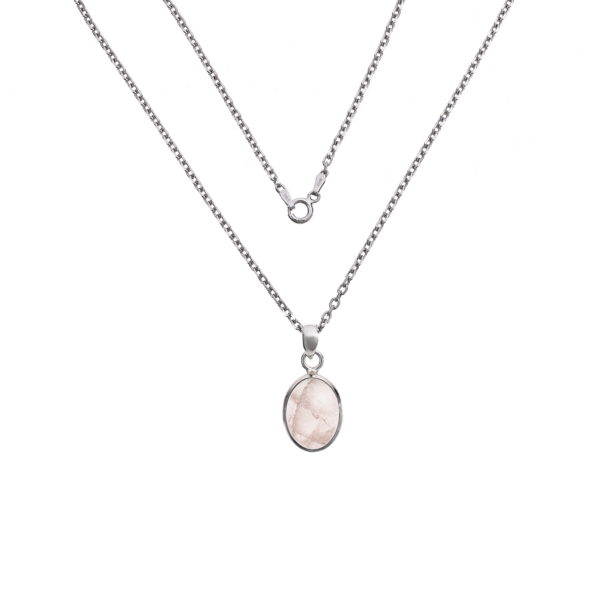 Pendant made of sterling silver with natural rose quartz gemstone in an oval shape. The pendant is threaded on an silver chain. Buy online shop.