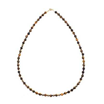 Handmade necklace with natural, faceted tiger's eye gemstones in a spherical shape and decorative gold plated sterling silver elements. Buy online shop.