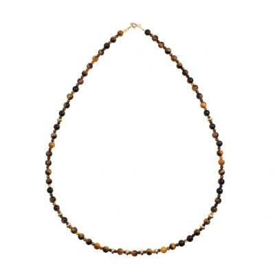 Handmade necklace with natural, faceted tiger's eye gemstones in a spherical shape and decorative gold plated sterling silver elements. Buy online shop.