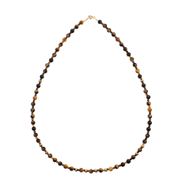 Handmade necklace with natural, faceted tiger's eye gemstones in a spherical shape and decorative gold plated sterling silver elements. Buy online shop.