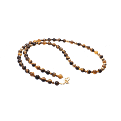 Handmade necklace with natural, faceted tiger's eye gemstones in a spherical shape and decorative gold plated sterling silver elements. Buy online shop.