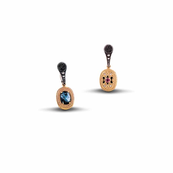 Handmade reversible earrings made of sterling silver with gold plated details, crystals and semi precious gemstones. Buy online shop.
