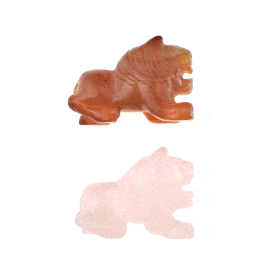 Handmade carved lions made of natural Carnelian and Rose Quartz gemstones, with a height of 2.5cm. Buy online shop.